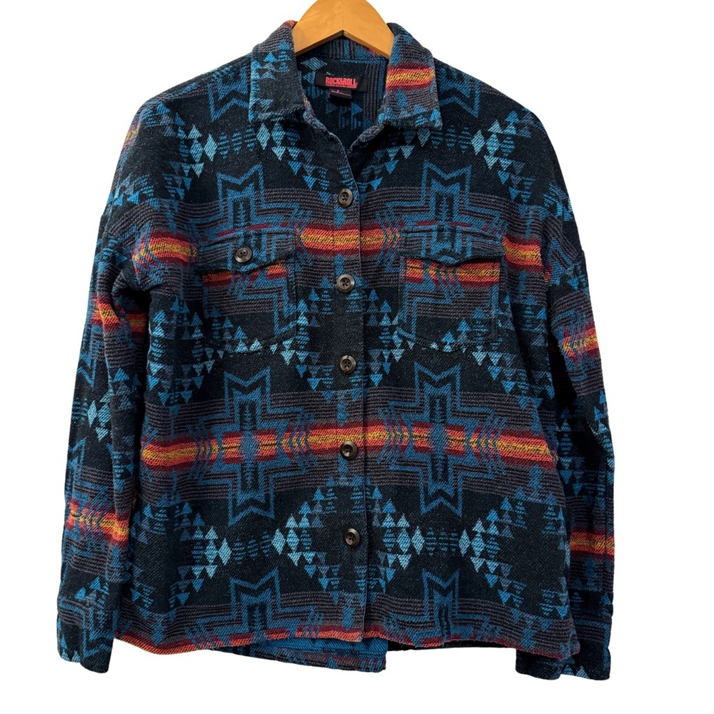 Rock & Roll Denim Western Aztec Button-Up Shirt Jacket, Size L Shacket Cowgirl - Picture 3 of 10